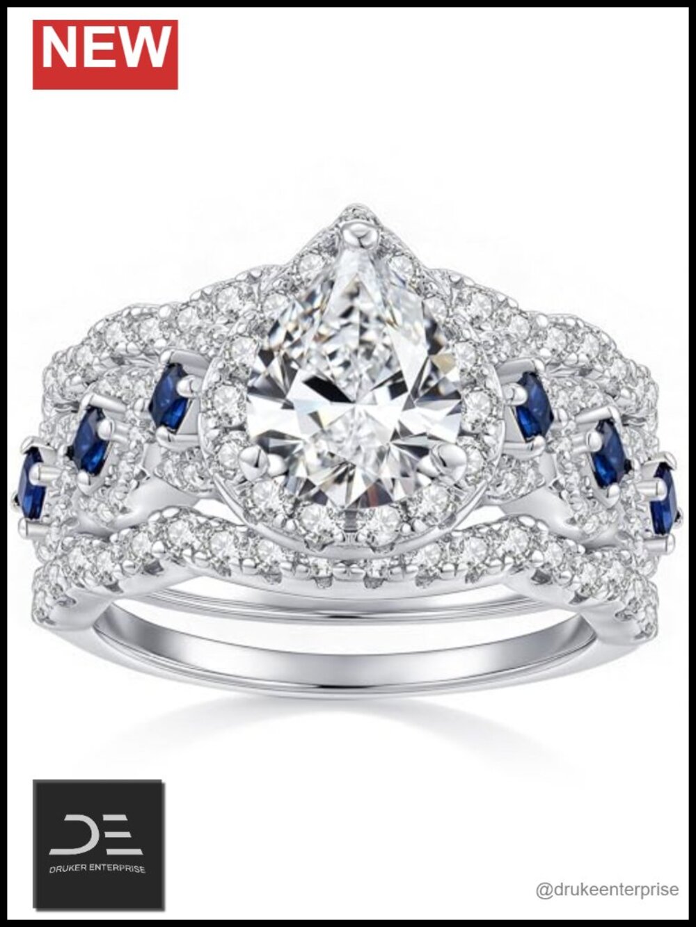 Moissanite Bridal Ring Set Pear Cut 3.6cttw Rhodium Plated Wedding Rings